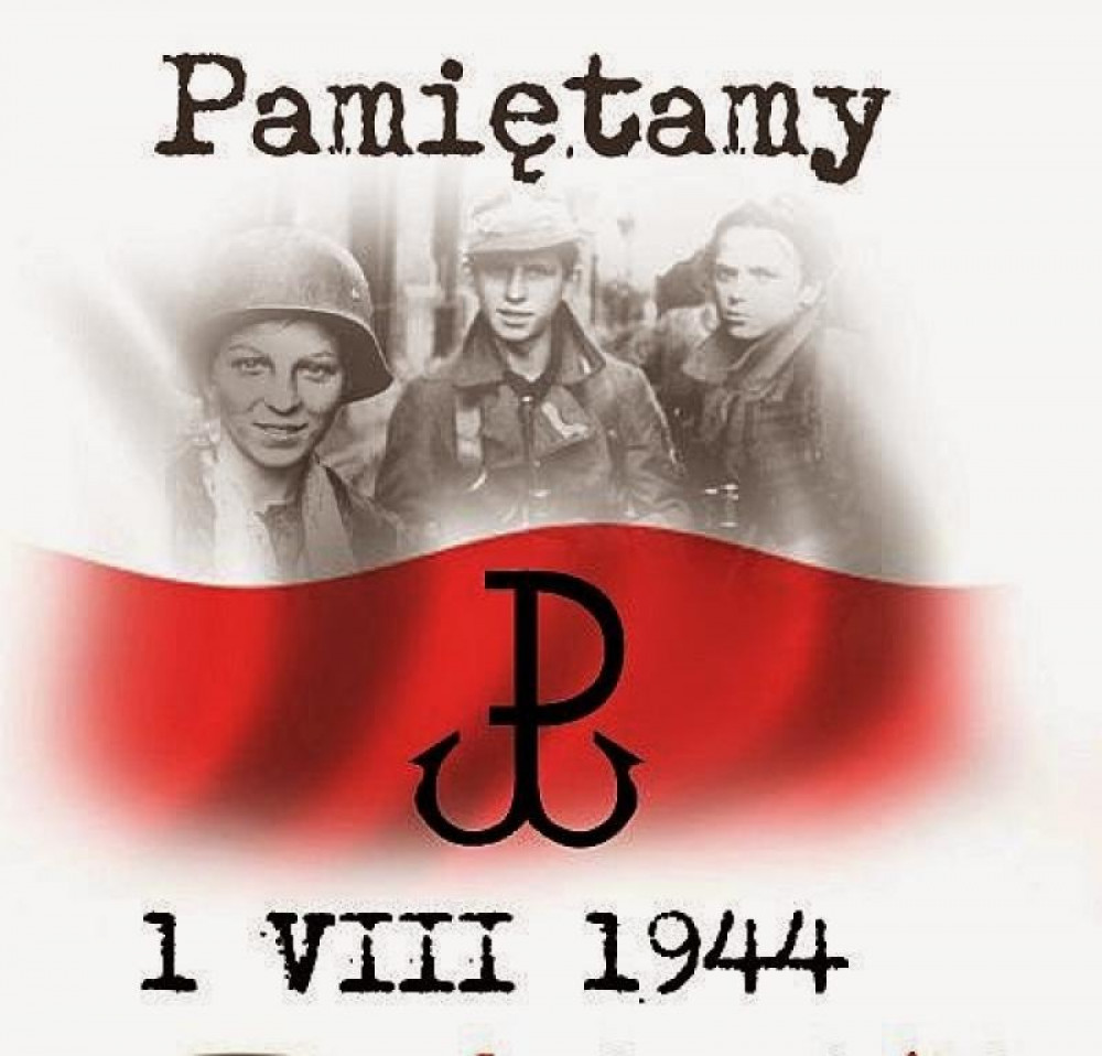Biało czerwona flaga z napisem pamiętamy. Pod spodem data 1.08.1944