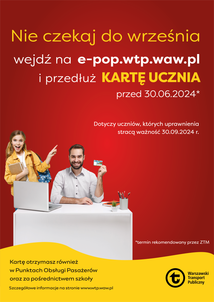 Plakat informujący o konieczności przedłużenia karty ucznia